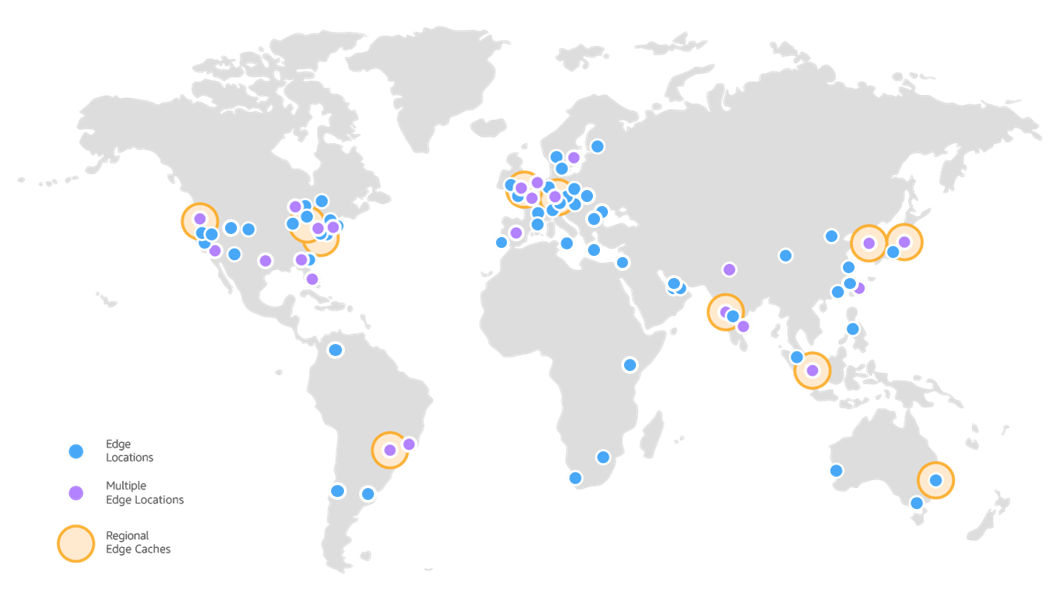 Mappa delle Edge Location di CloudFront, servizio integrato in Amazon s3.